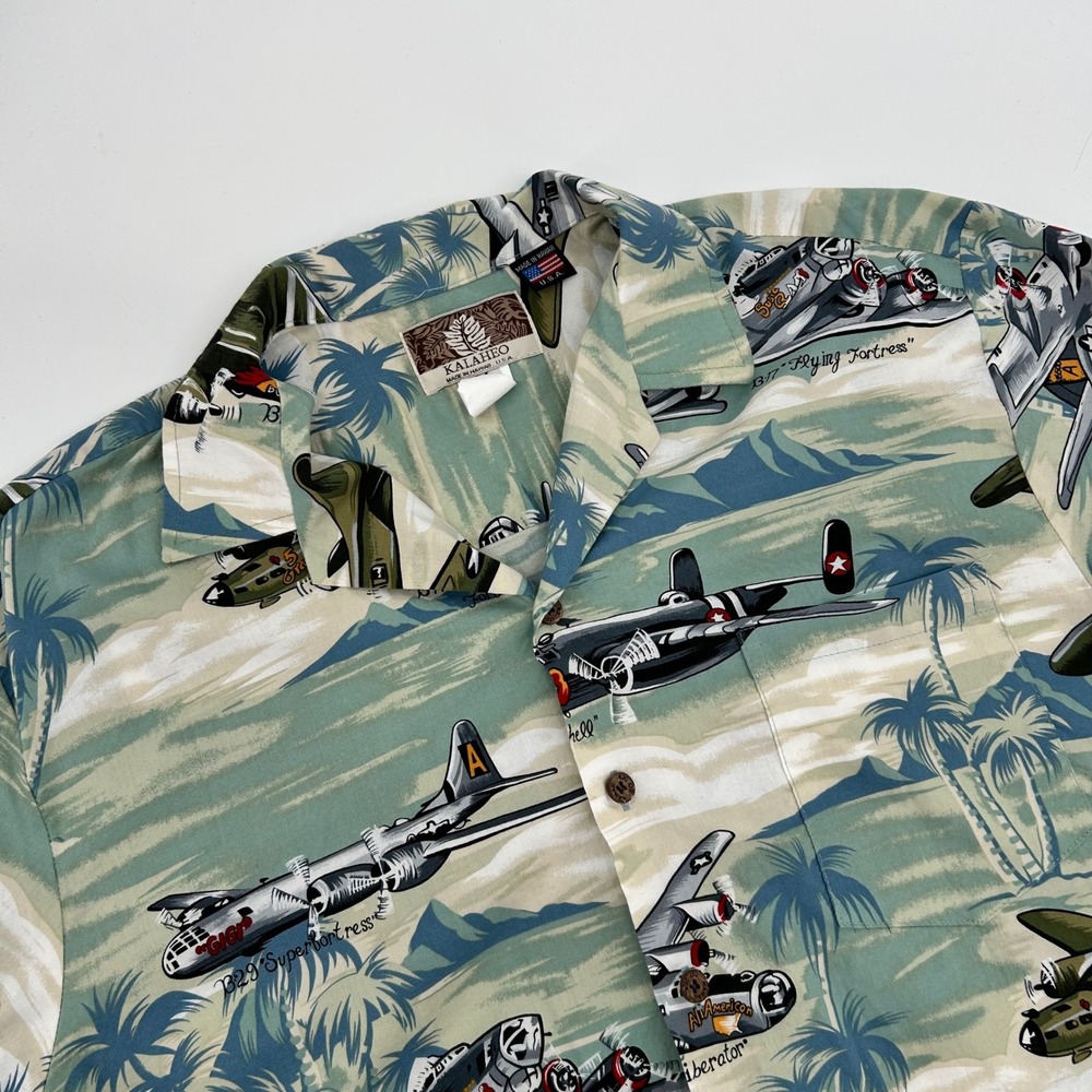 KALAHEO Mens Hawaiian Shirt B17 Flying‎ Fortress Aircraft Print Short Sleeve M